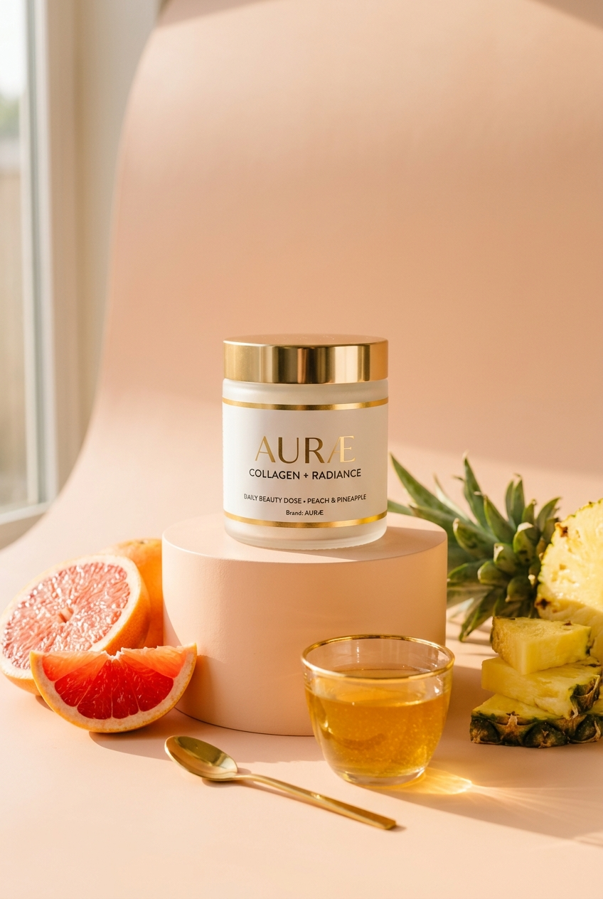 Collagen Jar with Pineapple and Grapefruit in Peach Sunlight