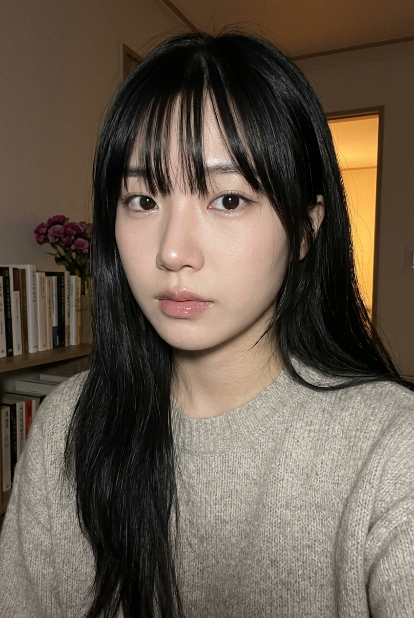 Flash-Lit Midnight Portrait by a Bookshelf