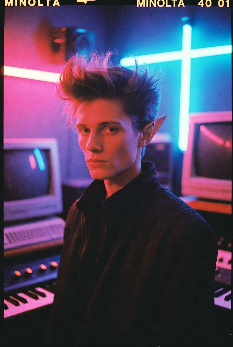 1980s New Wave Elf in a Synth-Filled Room