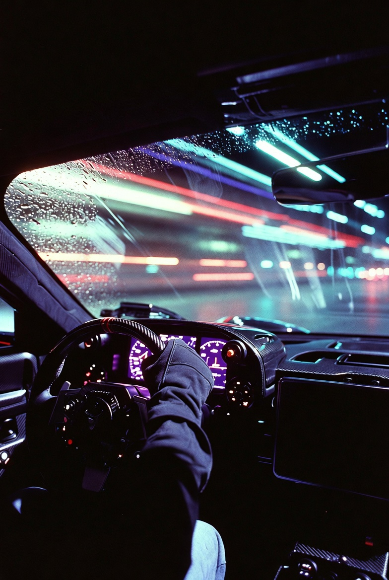 Hypercar Cockpit Racing Through Neon Rain