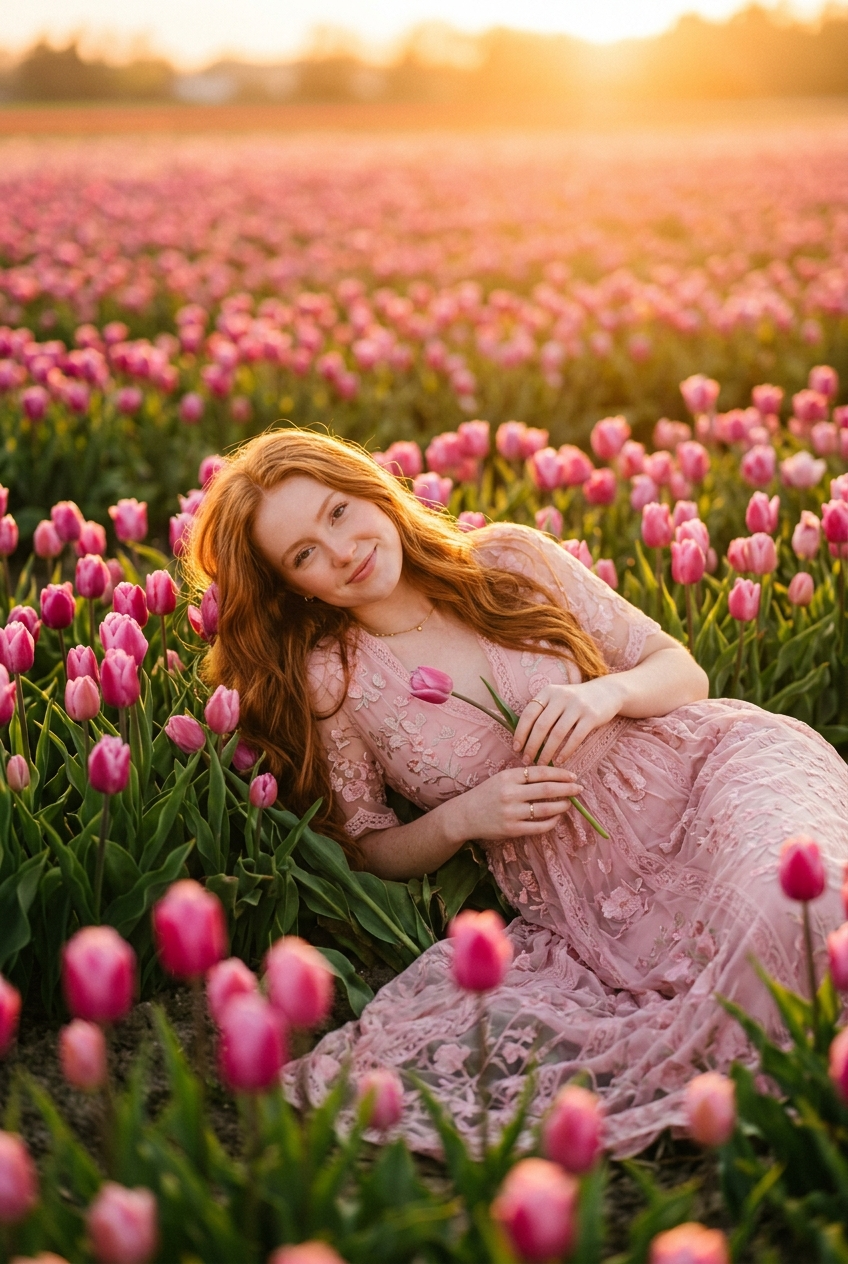 Mujer pelirroja recostada entre tulipanes rosas al atardecer