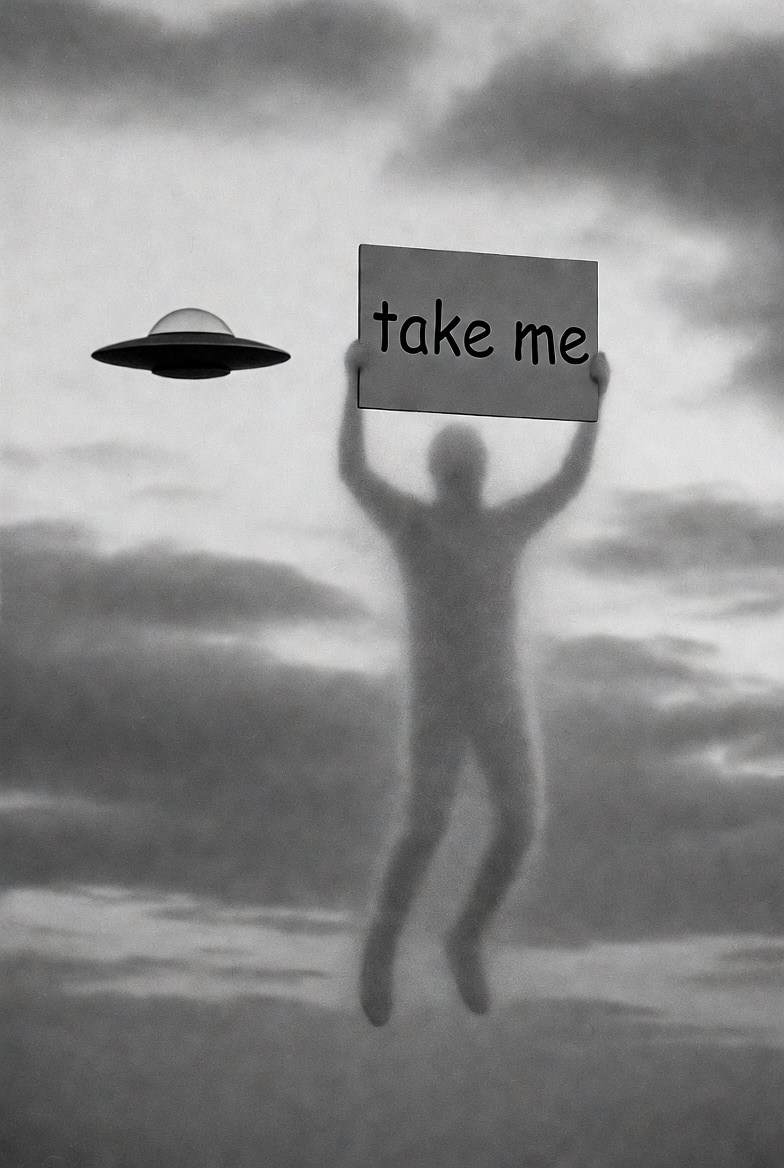 Ghost with a “Take Me” Sign Before a Flying Saucer