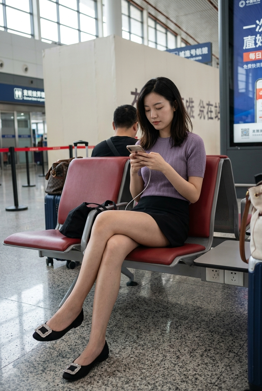 Frau mit Smartphone in einer chinesischen Wartehalle