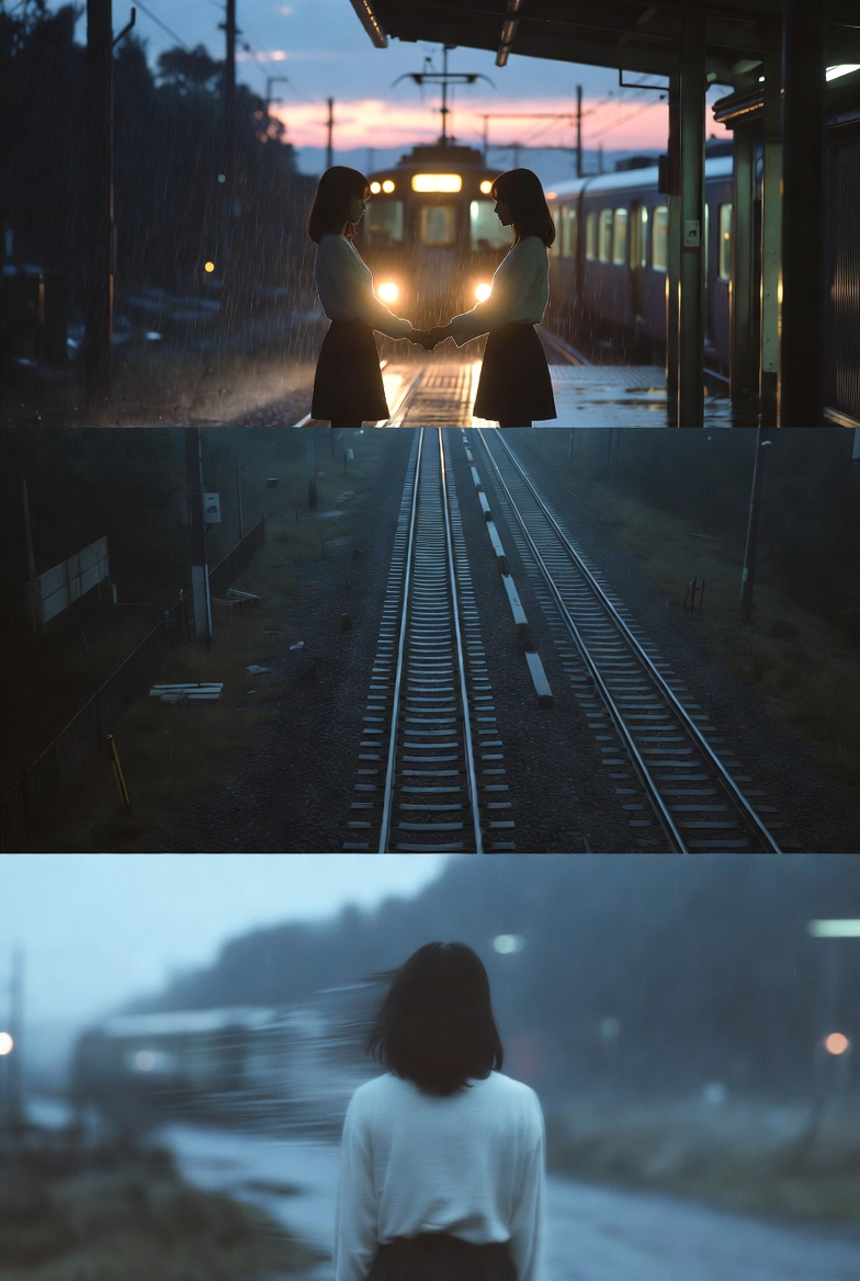 Silent Lovers at a Rainy Train Platform Triptych