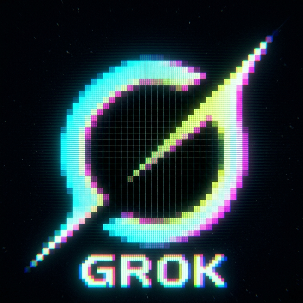 Grok-Logo in leuchtender 1990er-Pixelgrafik