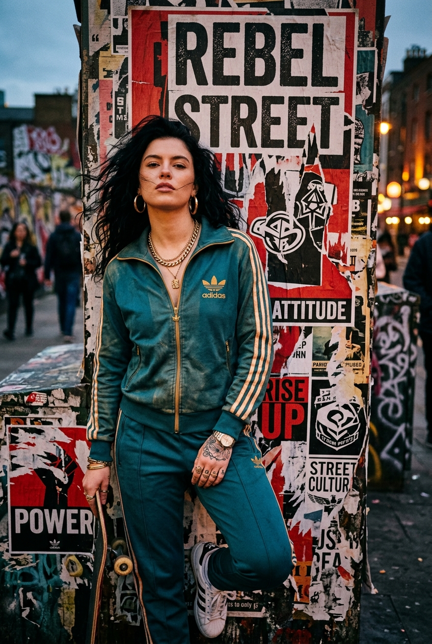 Rebel Street Woman in a Teal Track Jacket