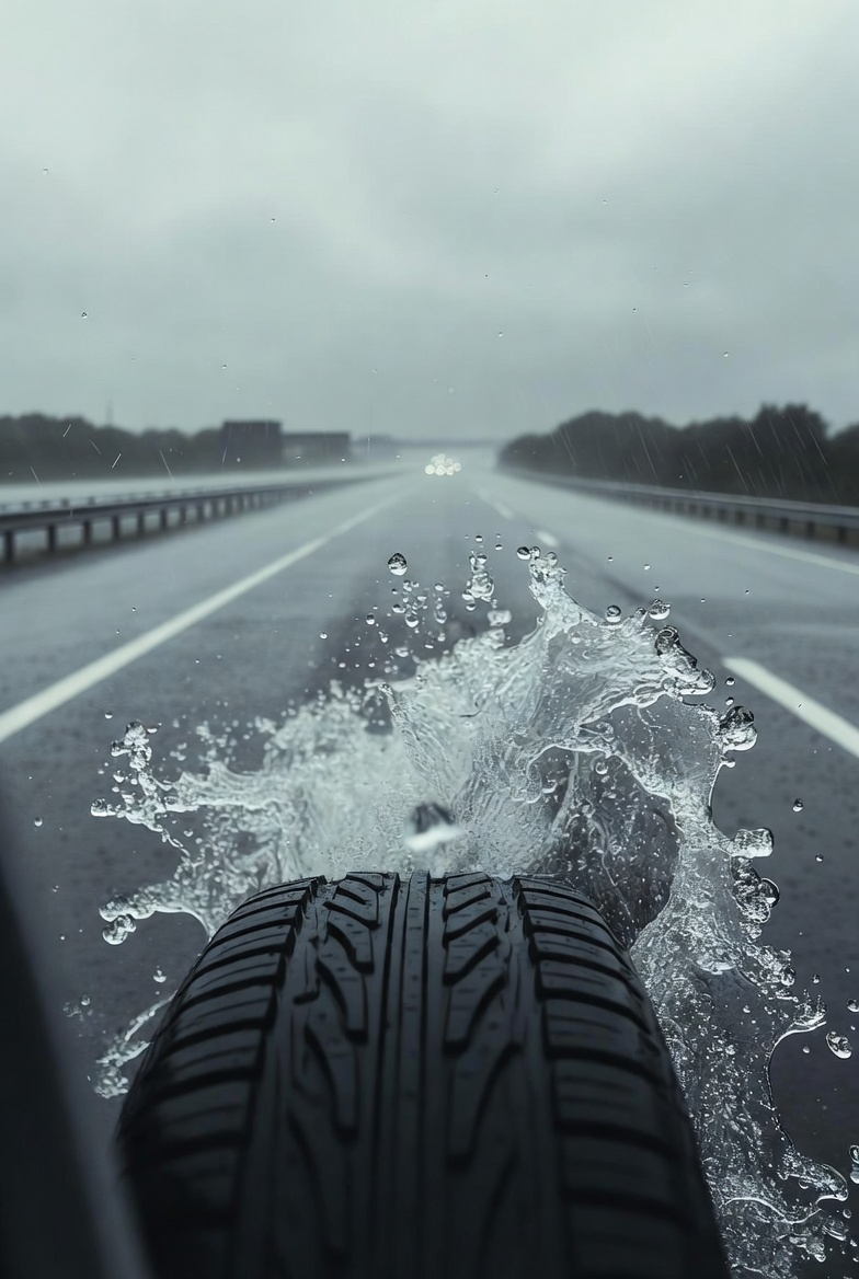 Tire Cutting Through Rainwater on a Highway