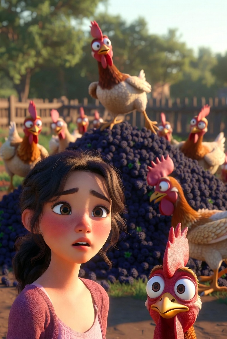 Girl Watching Dizzy Chickens by the Blackberries