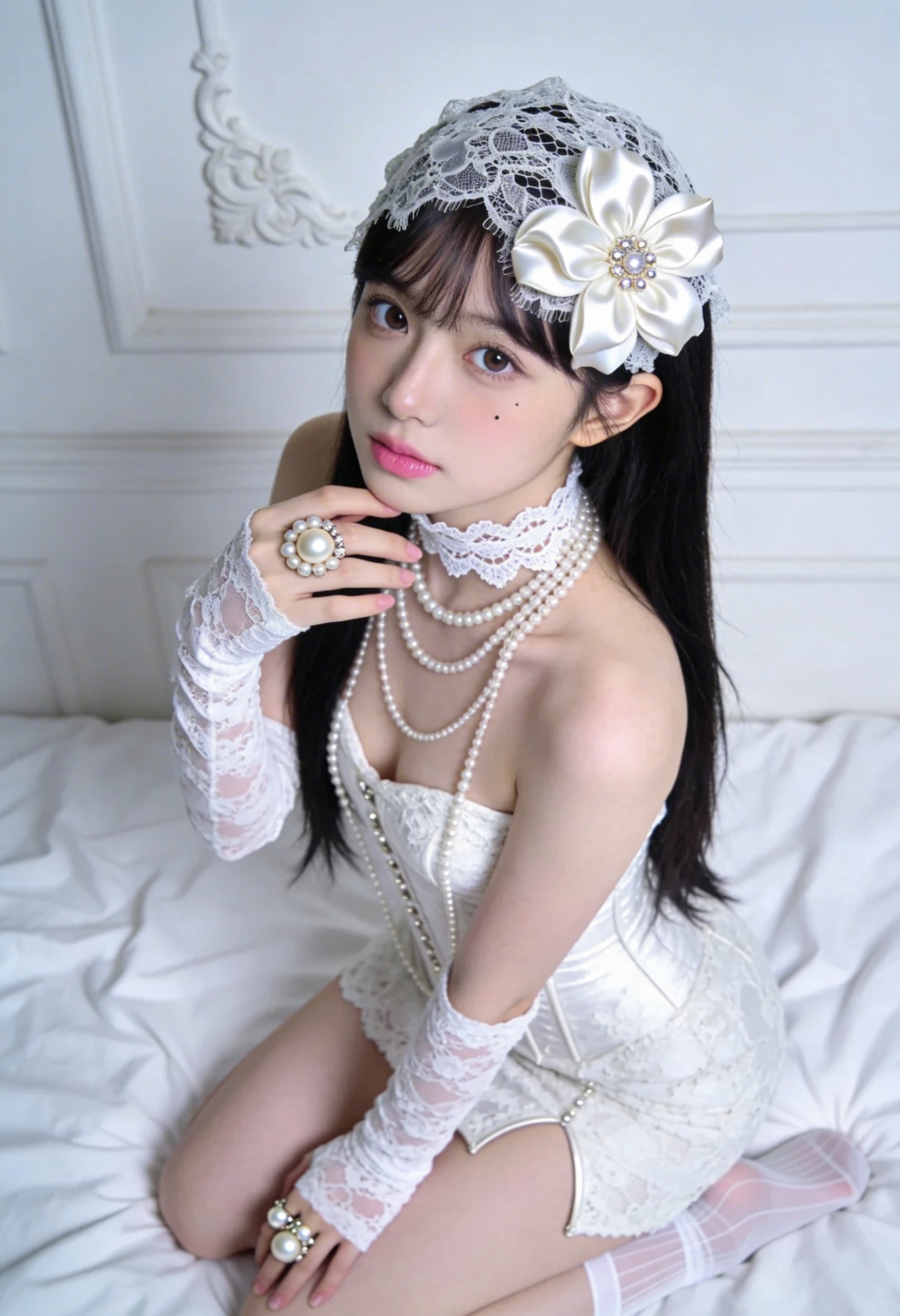 White Lace Courtly Portrait on a Bed