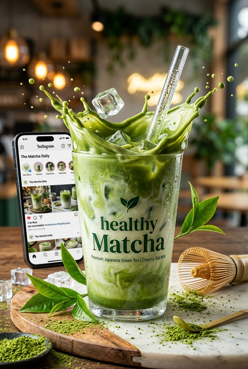 Anuncio de latte de matcha saludable con salpicaduras