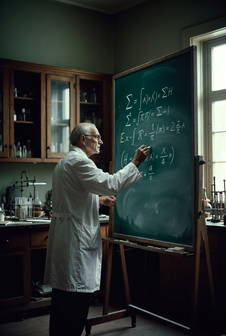 Physicist Writing Equations in an Octane-Rendered Lab
