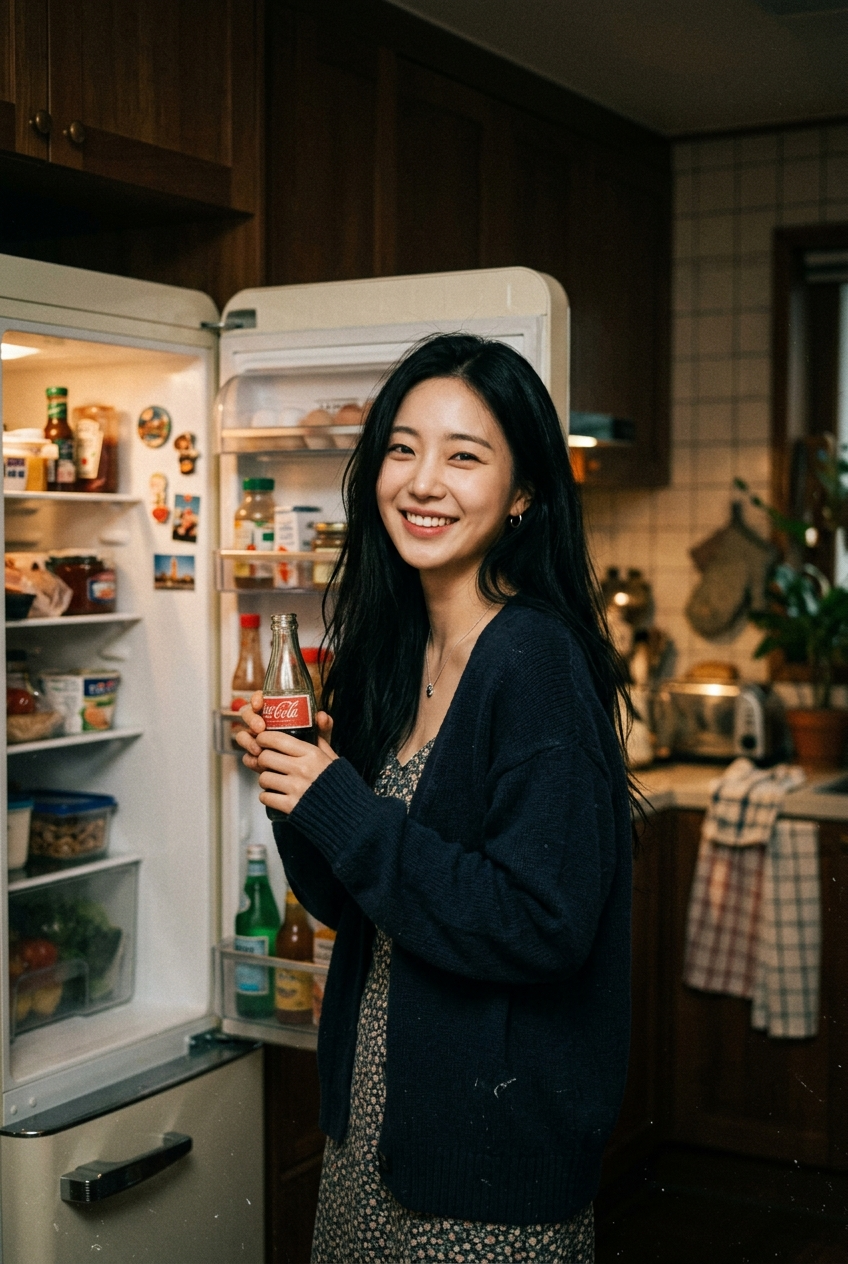 Shy Woman by the Refrigerator in a Retro Snapshot