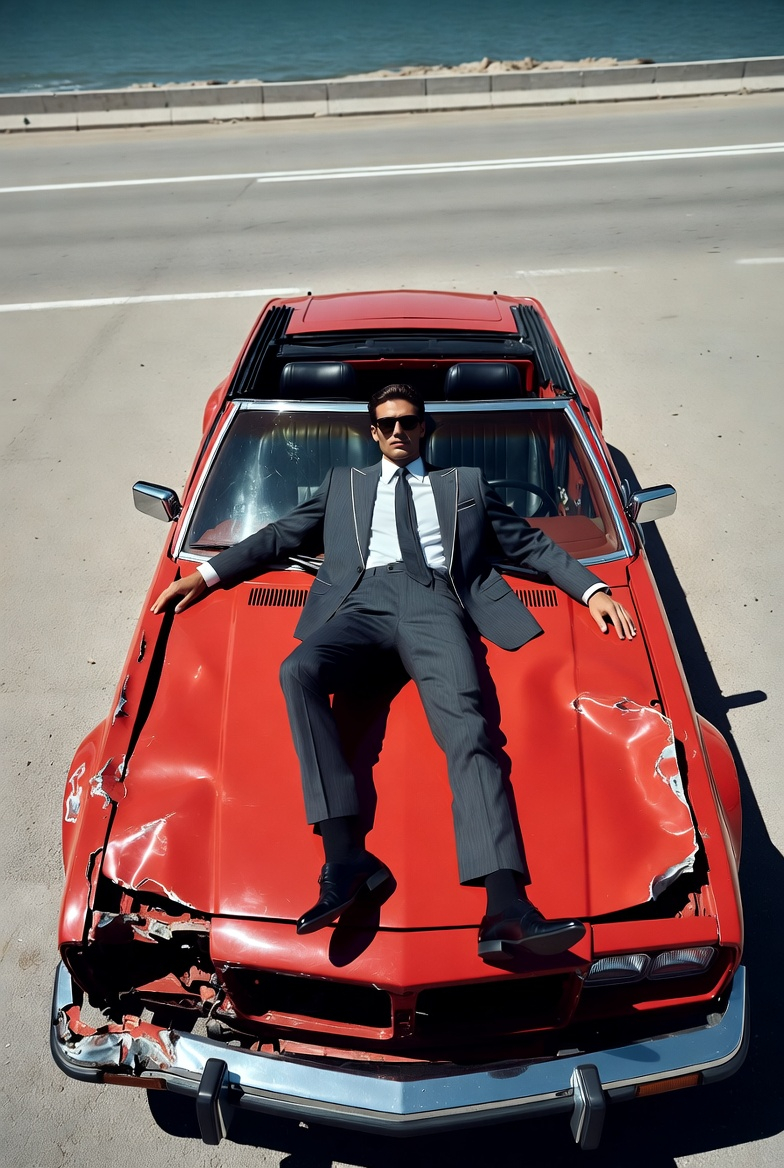 Man Lounging on a Wrecked Red Convertible