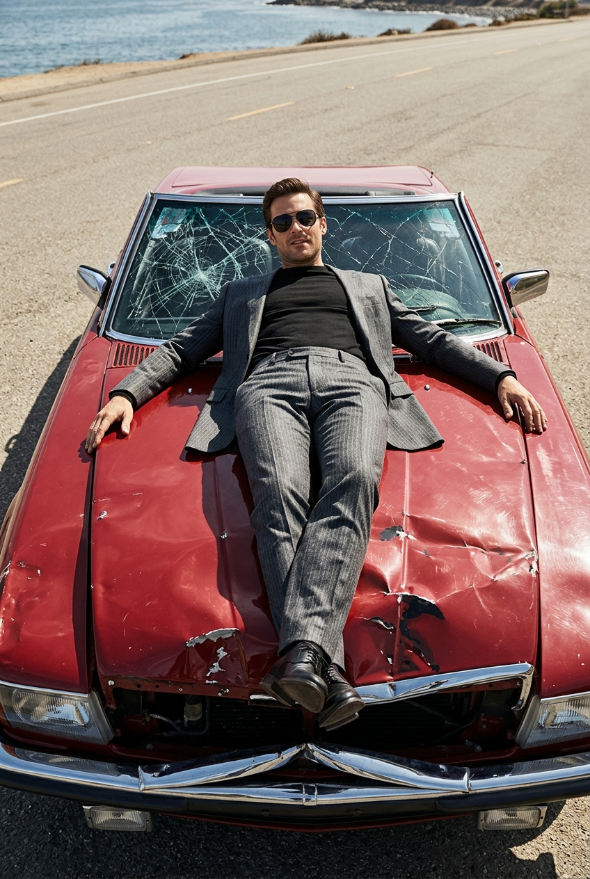 Man Lounging on a Wrecked Red Convertible