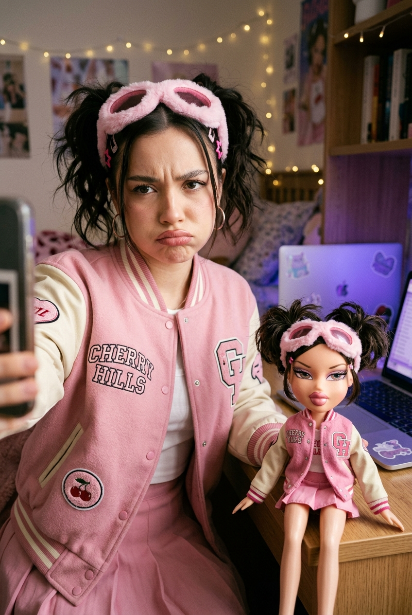Partnerlook-Selfie mit Puppe und pinker Collegejacke