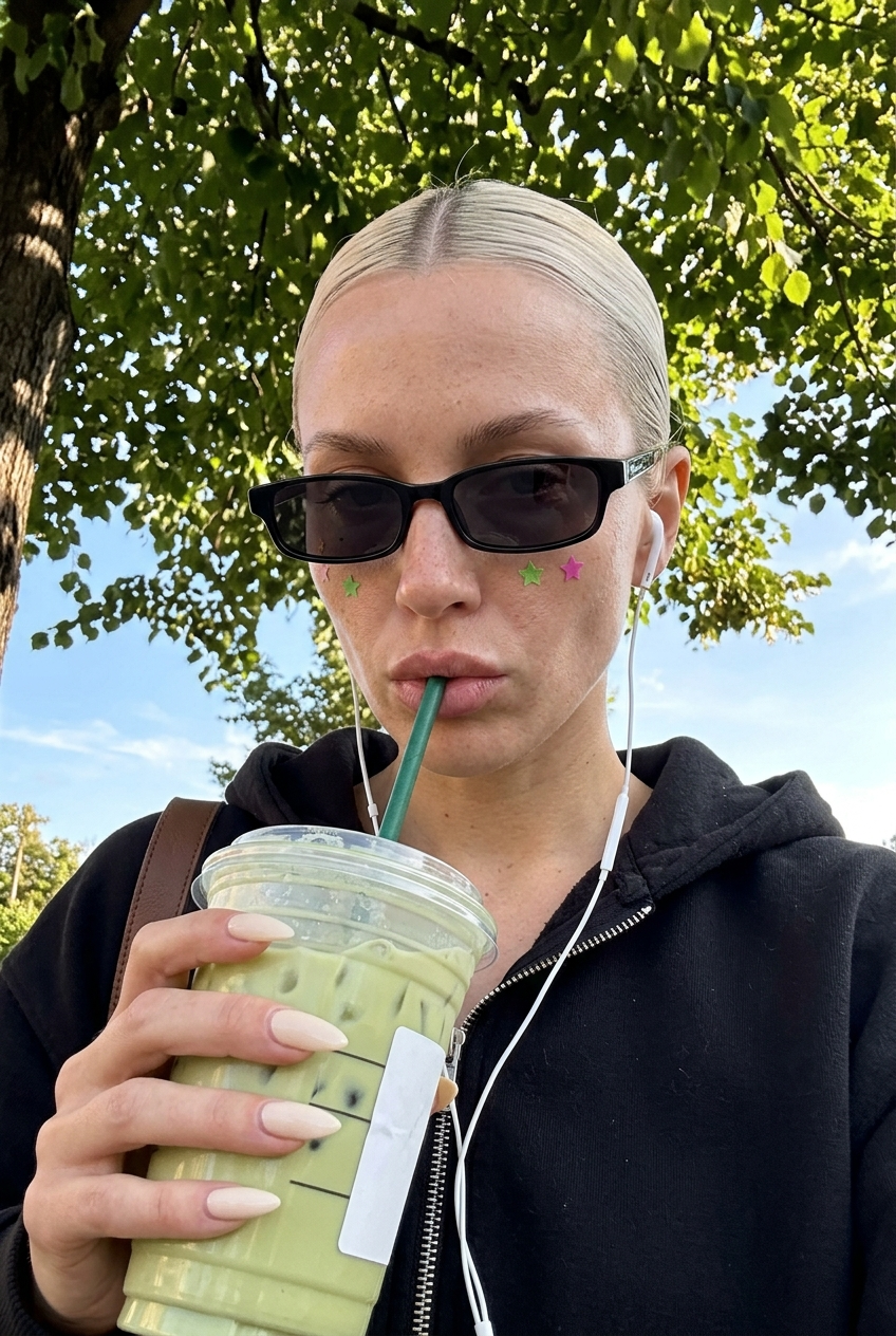 Platinum-Blonde Coffee-Run Selfie Under the Trees