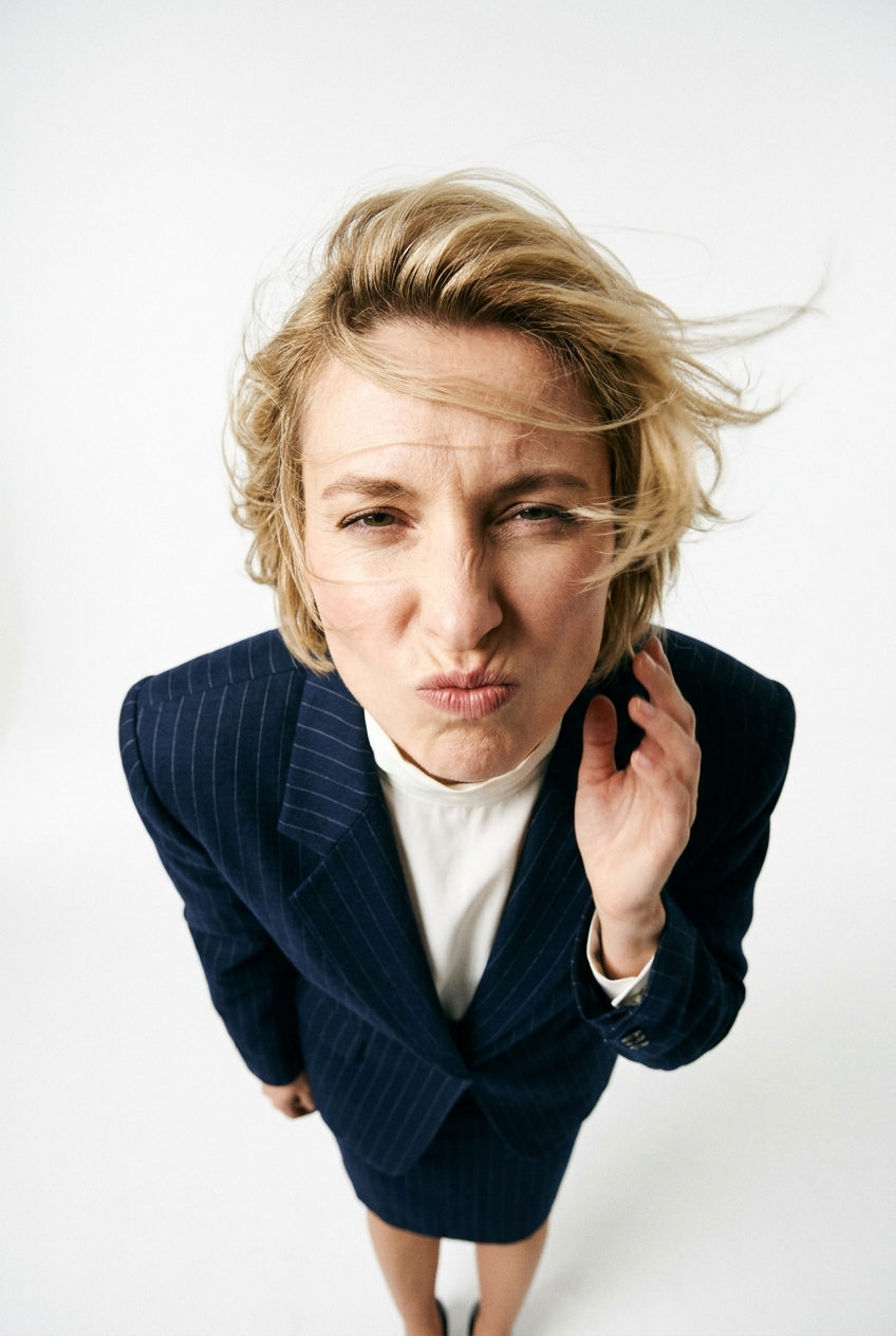 Wind-Distorted Blonde in a 1990s Suit