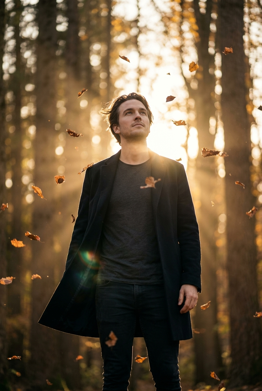 Portrait automnal contemplatif sous les feuilles qui tombent