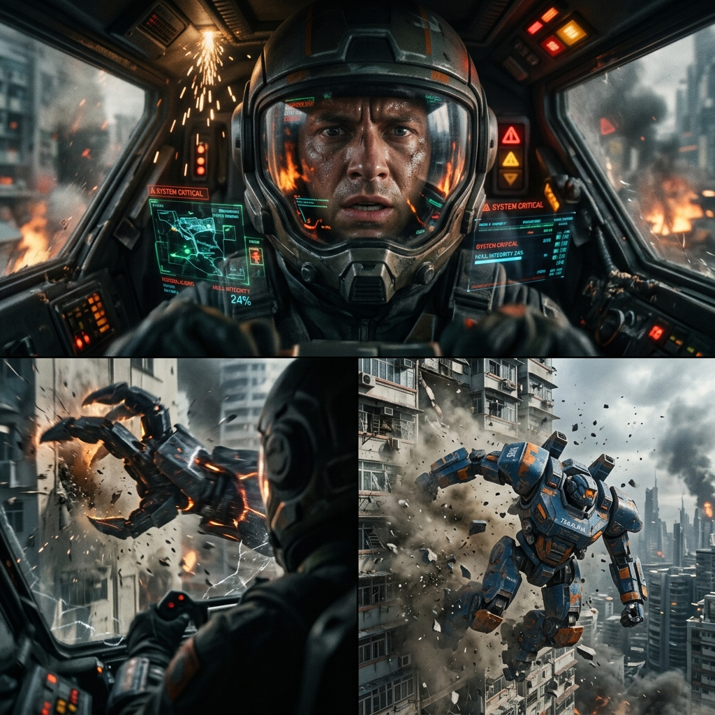 Mech-Pilot durch einstürzende Gebäude geschleudert
