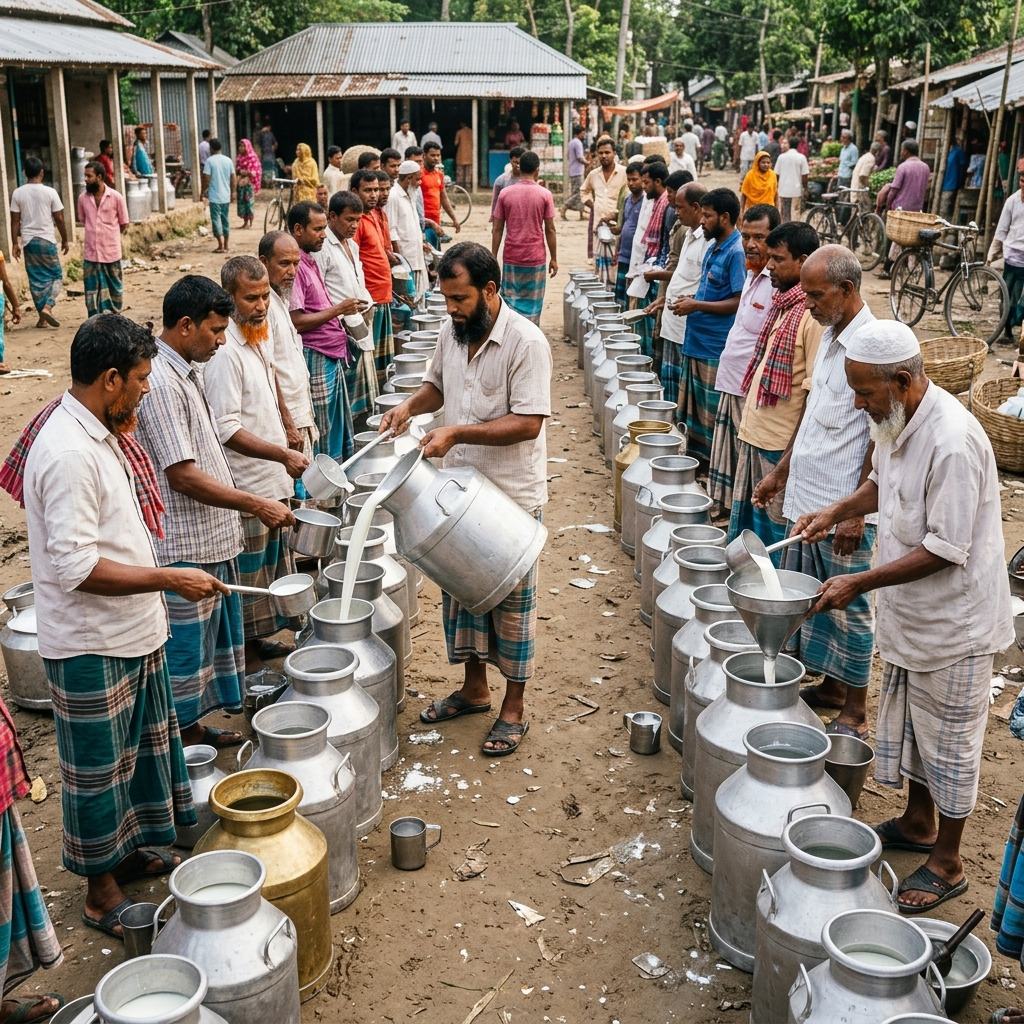Milchverkäufer in zwei gegenüberstehenden Reihen