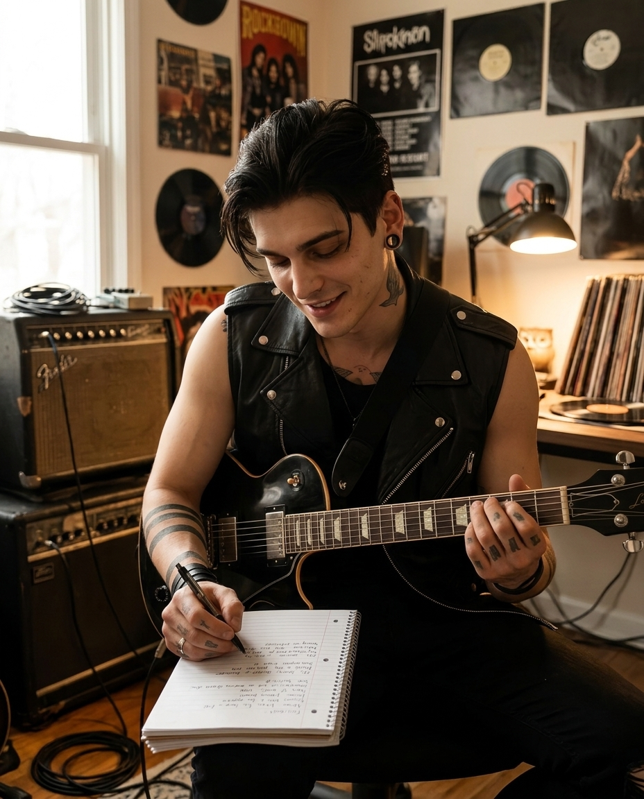 Rock Singer-Guitarist Composing at Home