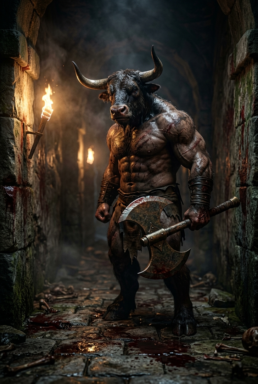 The Minotaur in the Blood-Stained Knossos Labyrinth