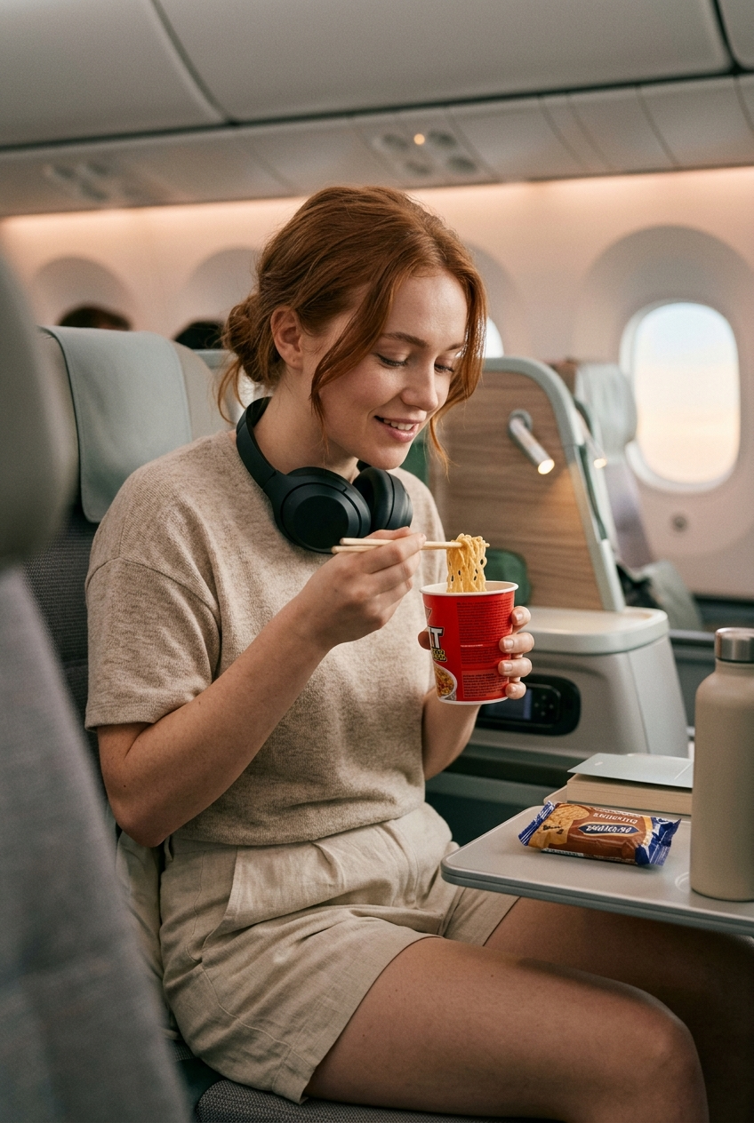 Instant Noodles in a Cozy Airplane Seat