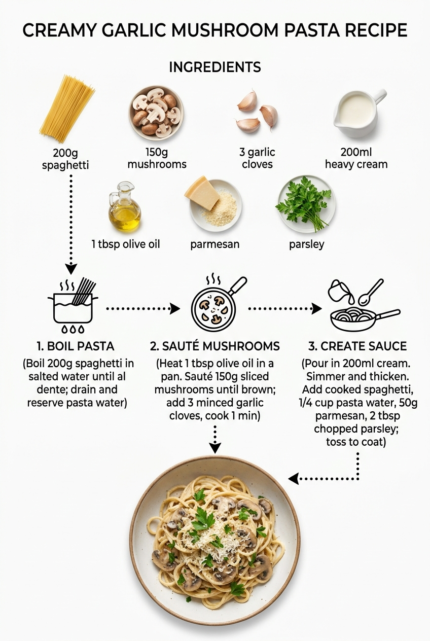 Infografía de pasta cremosa con ajo y champiñones