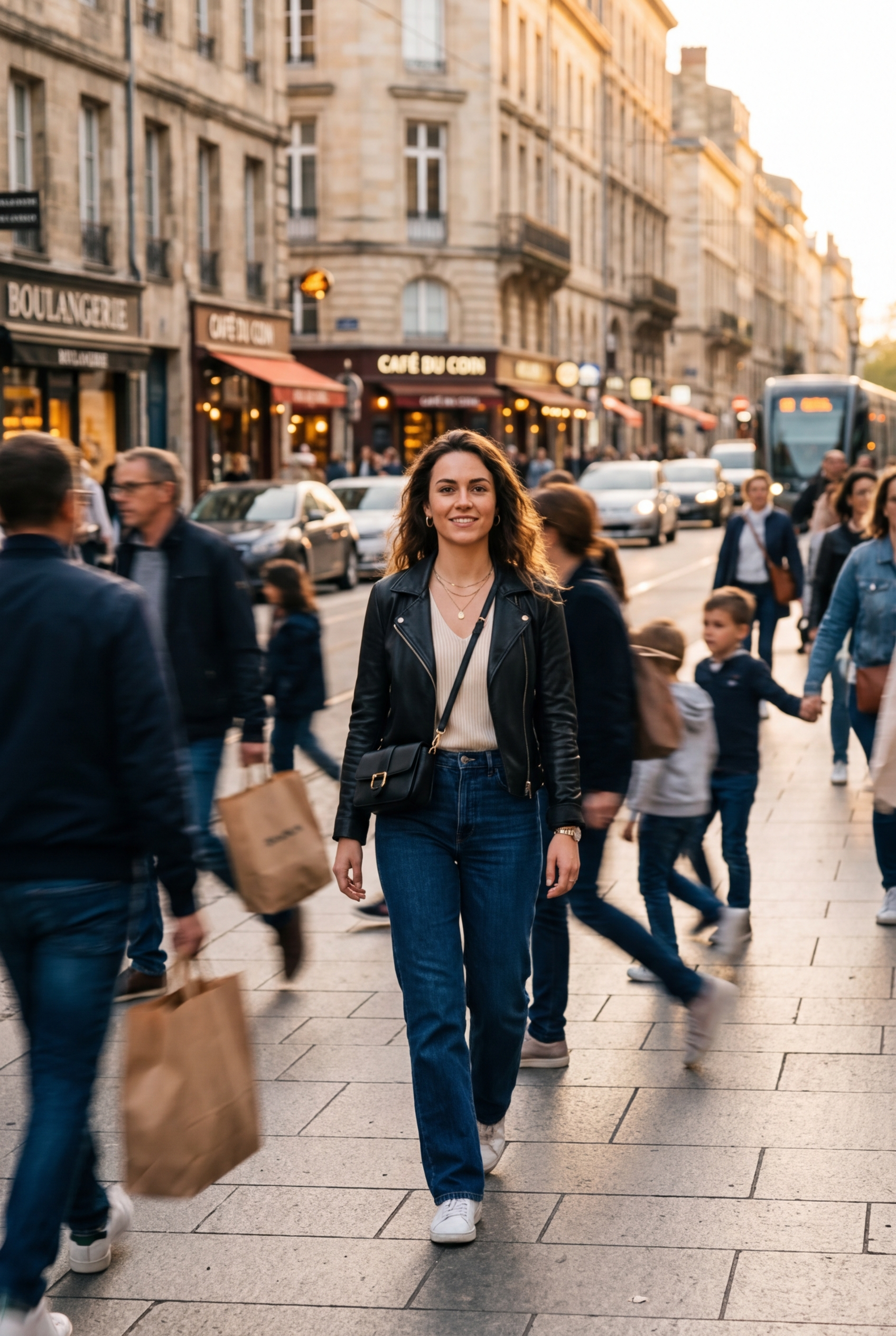Woman in Sharp Focus Through a Golden-Hour Crowd