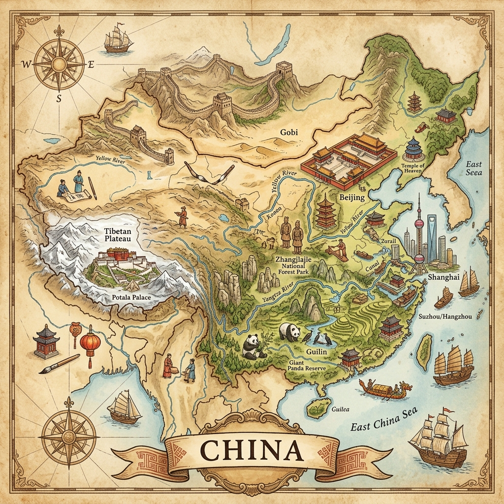 Vintage Isometric Map of China