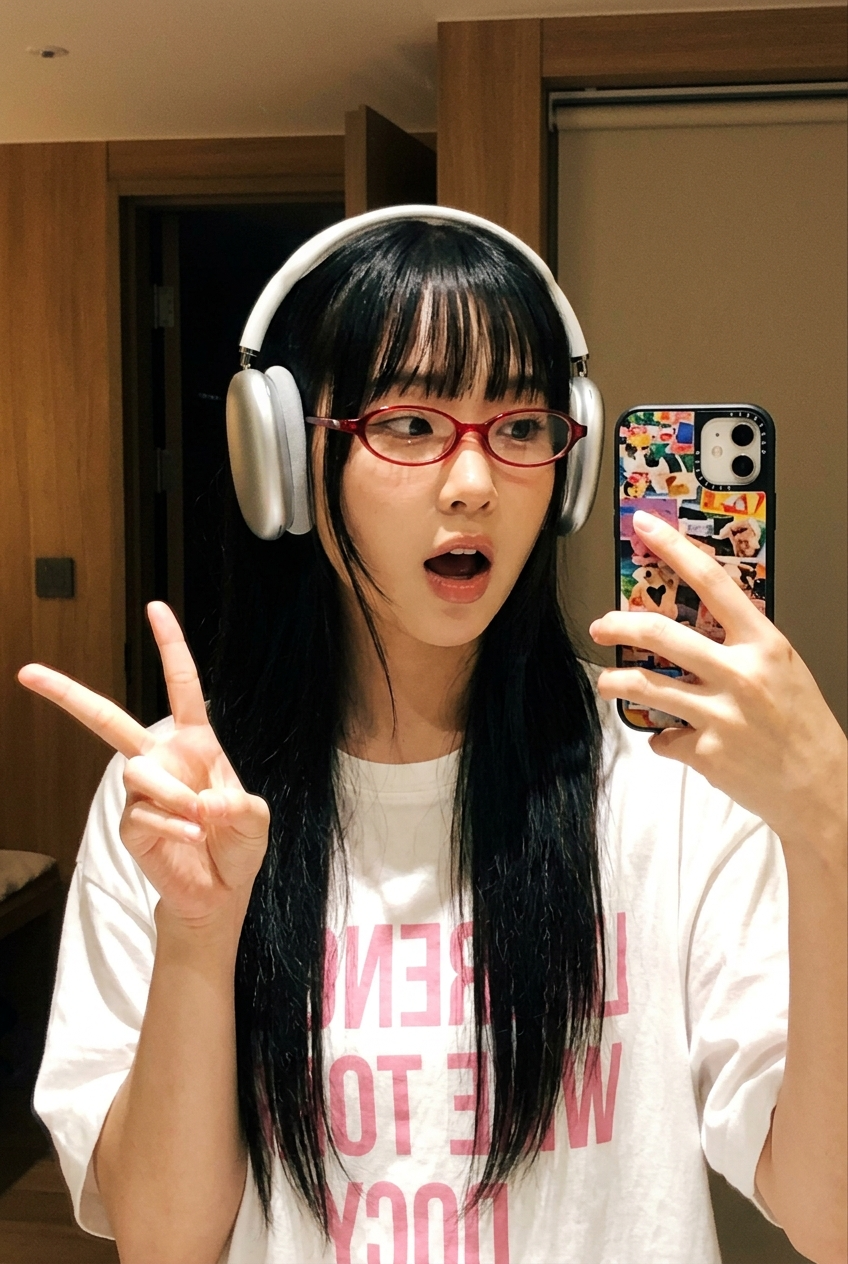 Playful Retro Mirror Selfie with Silver Headphones