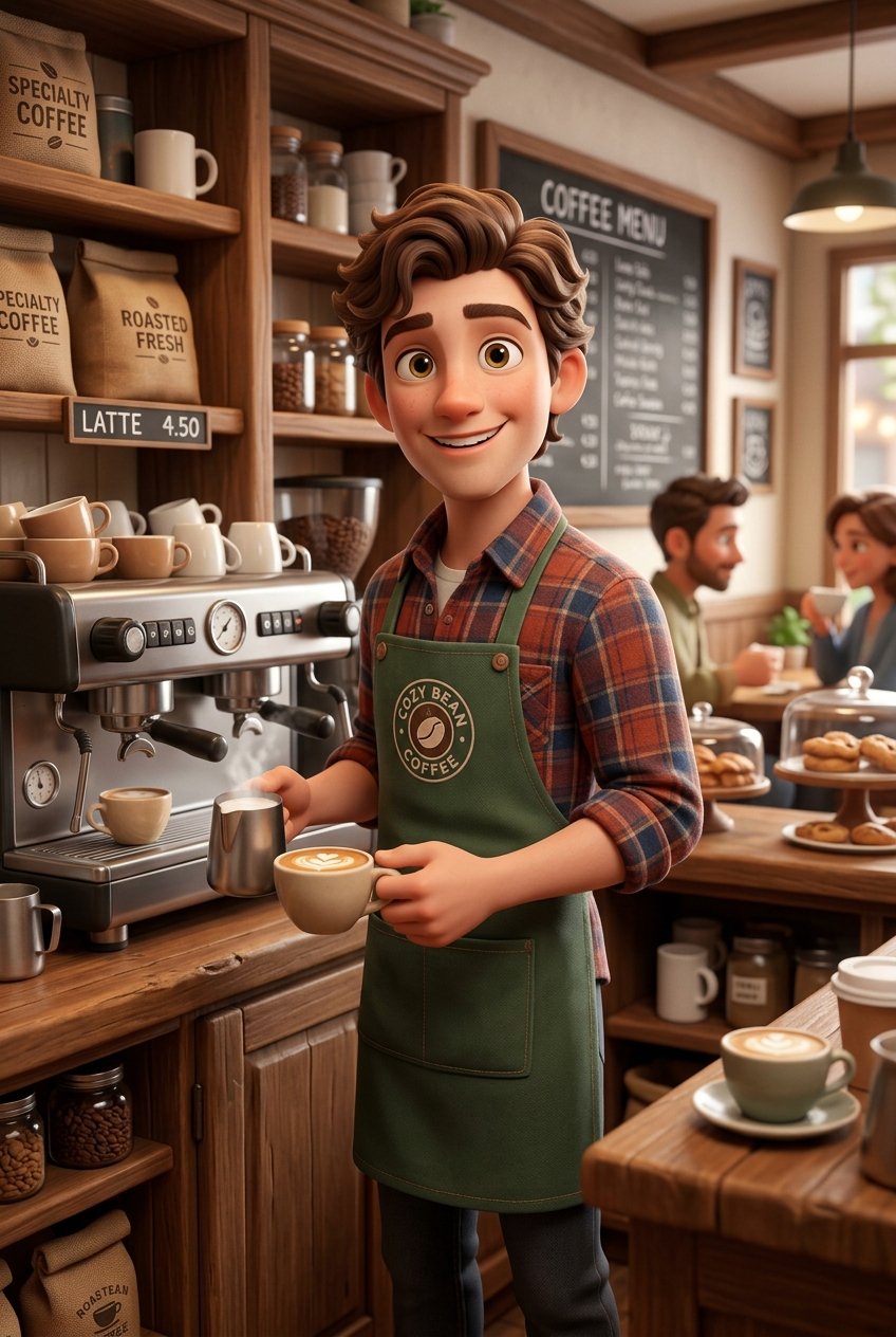 Freundlicher 3D-Barista in einem gemütlichen Café