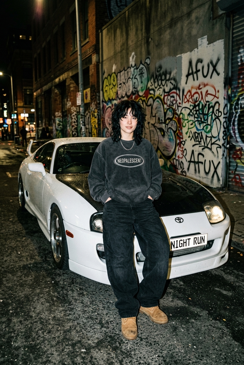 Flash-Lit Streetwear Beside a White Supra
