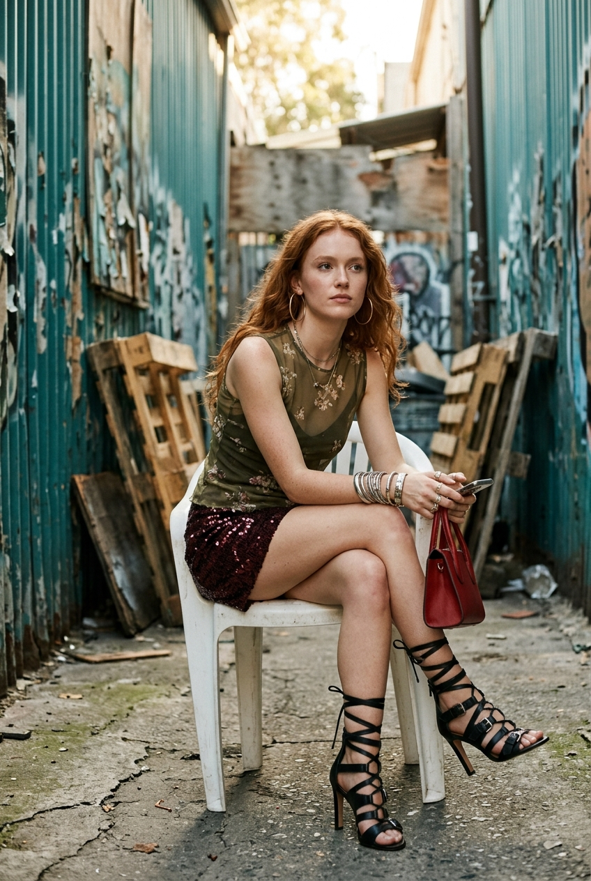 Red-Haired Urban Chic in a Teal Alley