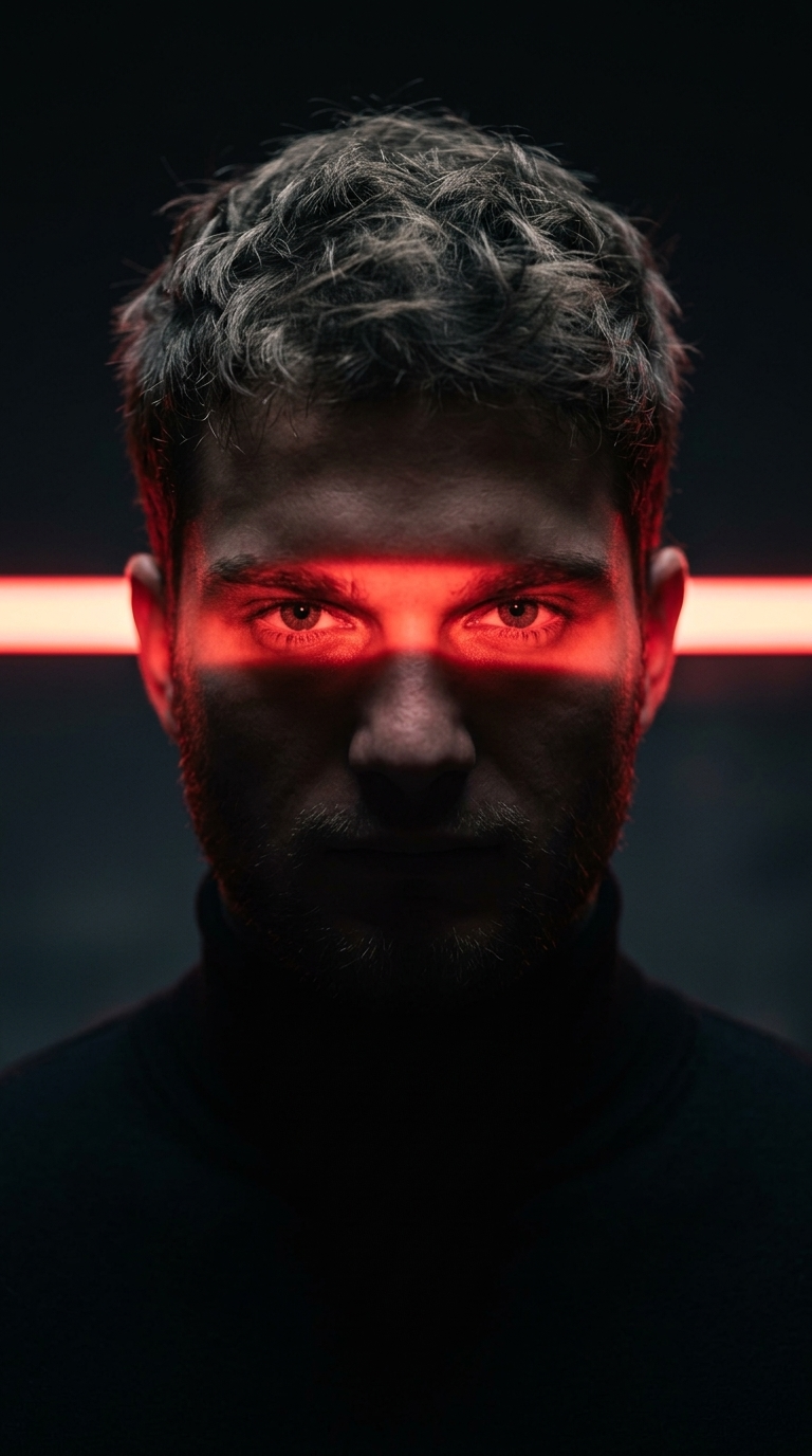 Rotes Neon über dem Cyberpunk-Blick