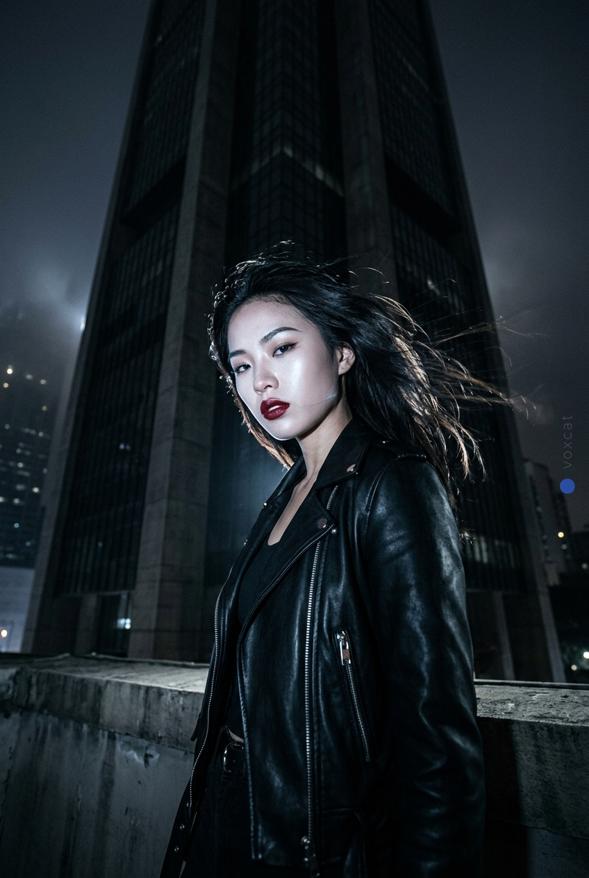 Flash-Lit Woman Before a Dark City Landmark
