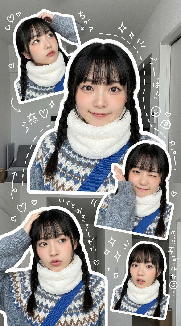 Five Kawaii Winter Selfies as a Sticker Collage