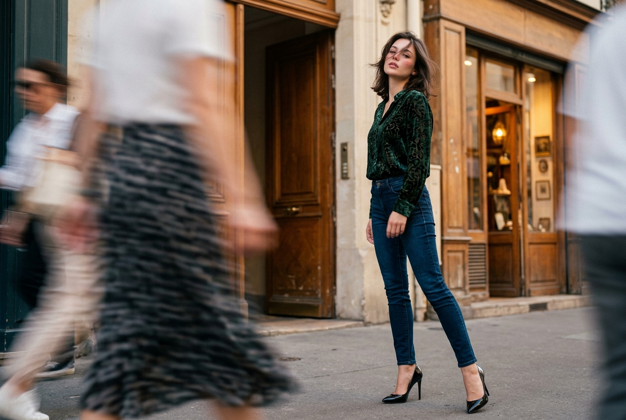 Still Model Amid a Moving European Street