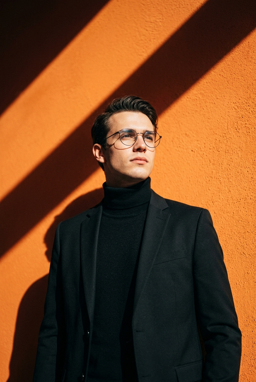 Man in Black Against an Orange Sunlit Wall