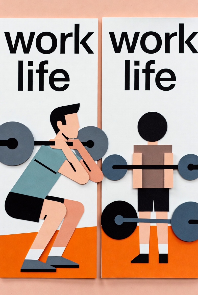 Work-Life-Collage mit Langhantel-Kniebeuge