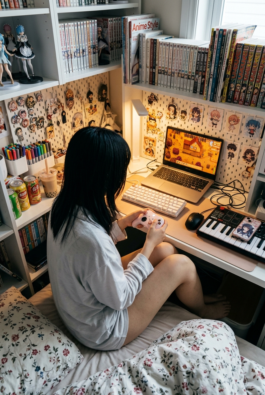 Gaming in a Cluttered Otaku Bedroom