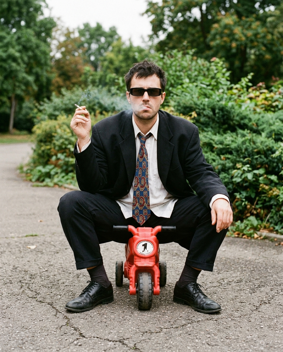 Serious Man on a Tiny Red Motorcycle