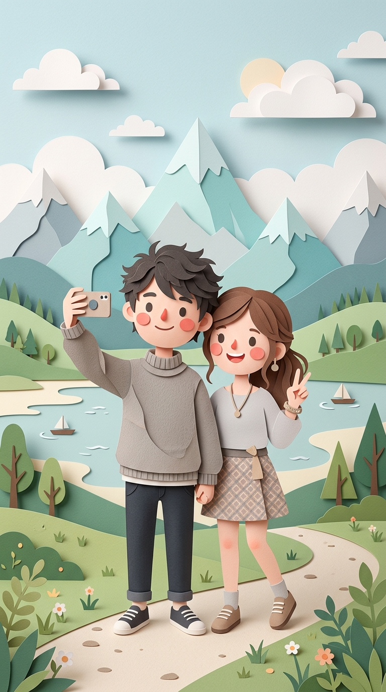 Couple Selfie by the Mountains in Paper Cutout