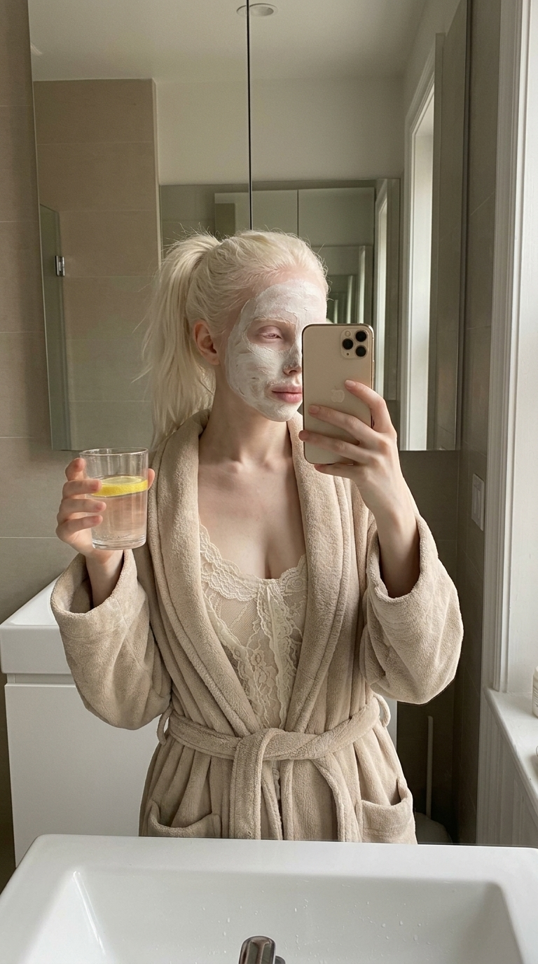Facial Mask Mirror Selfie with a Lemon Drink