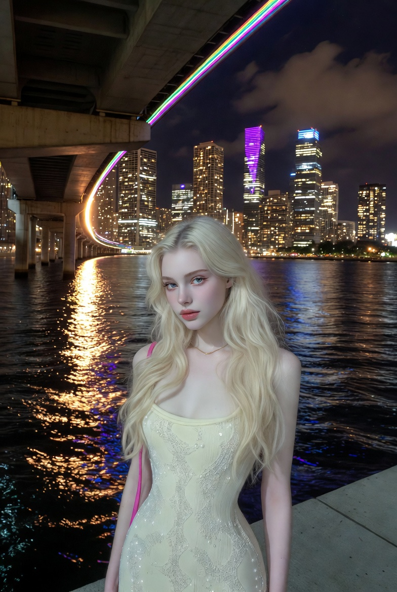 Platinum Blonde by the City Waterfront at Night