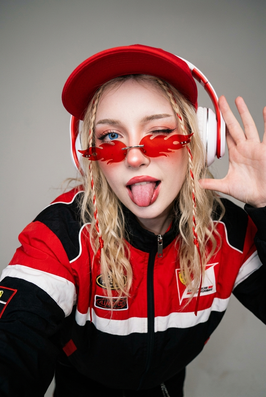 Playful Y2K Racing E-Girl Selfie