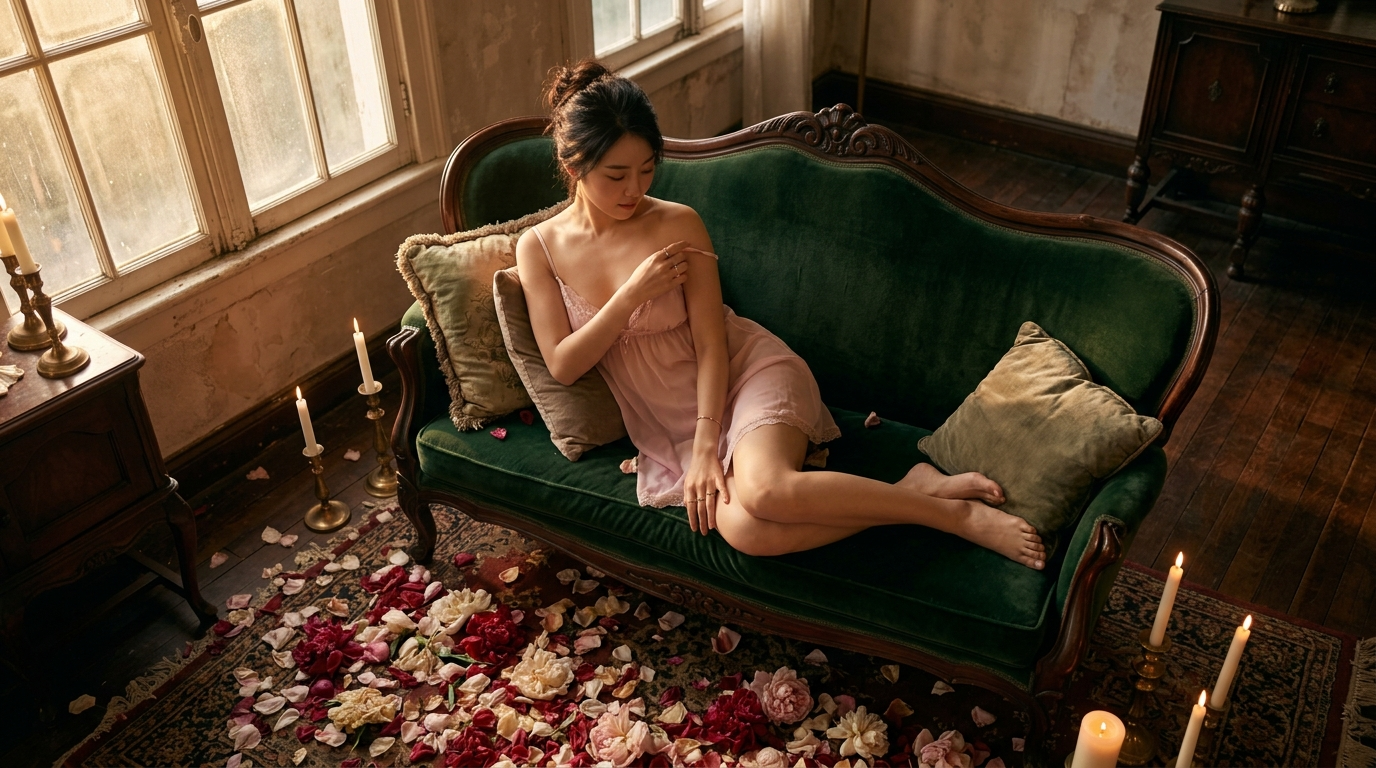 Goddess on a Velvet Divan Among Peonies