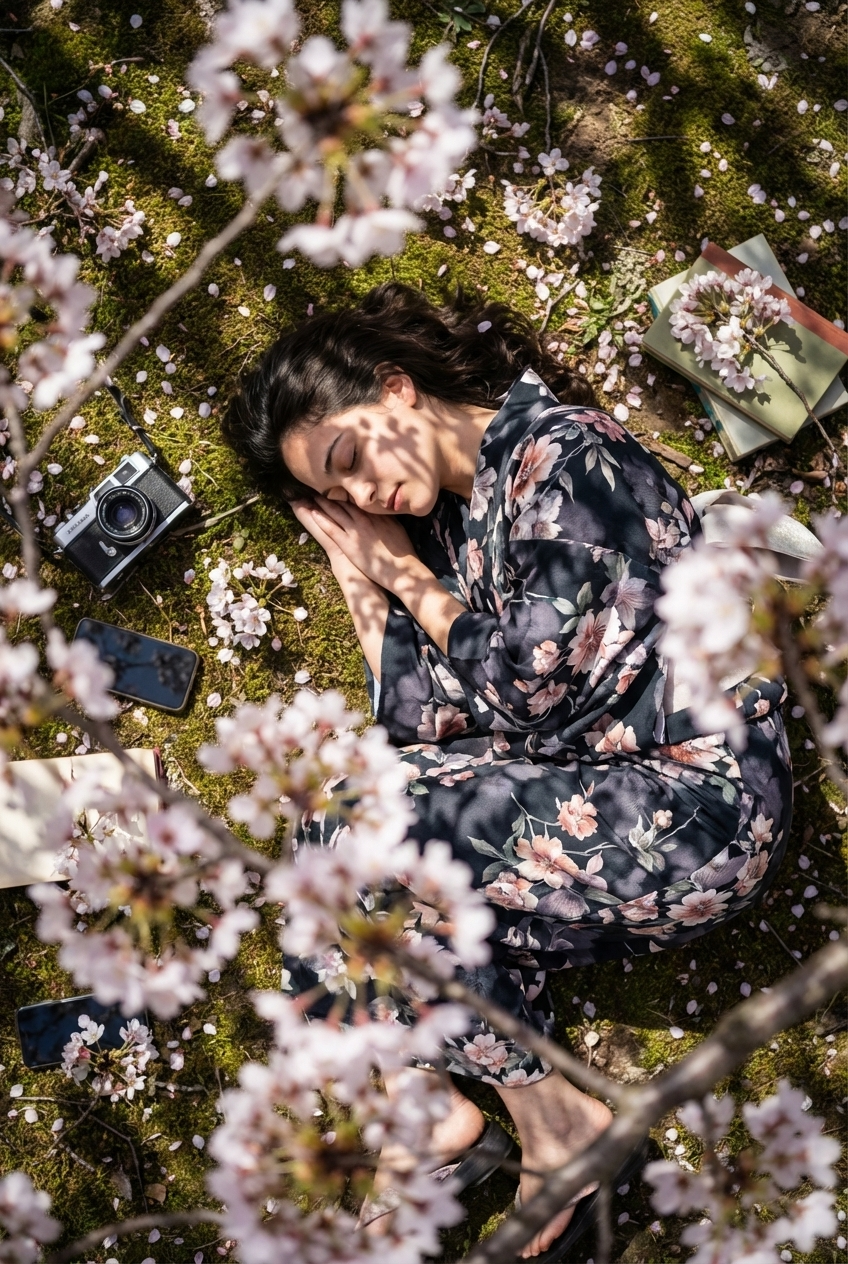 Endormi parmi les fleurs et les livres vu d’en haut