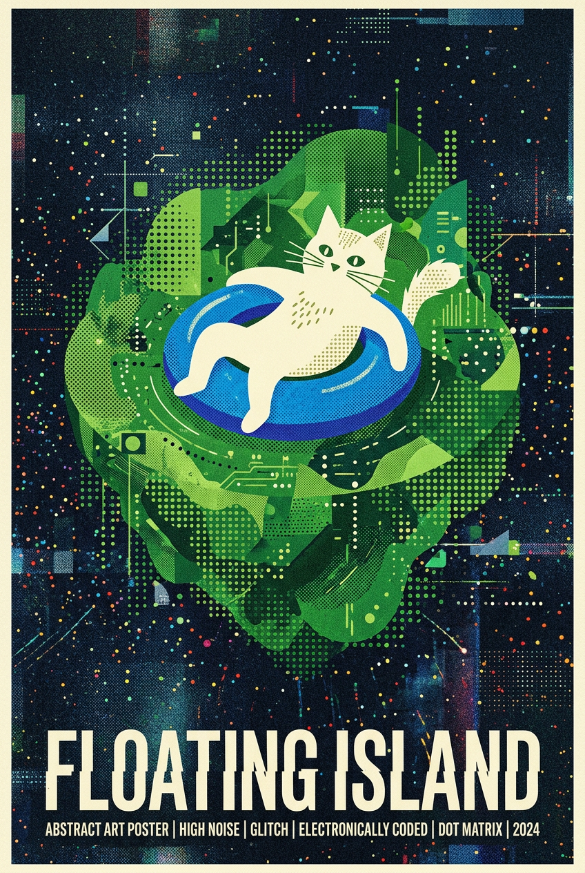 Abstraktes Poster der Katze auf der schwebenden Insel