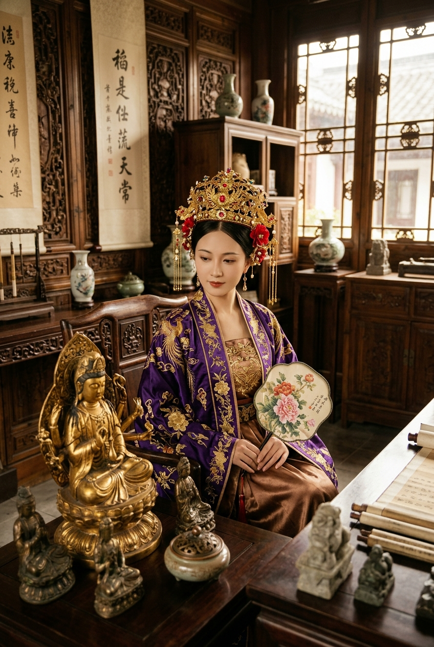 Noble china y Guanyin en un estudio antiguo